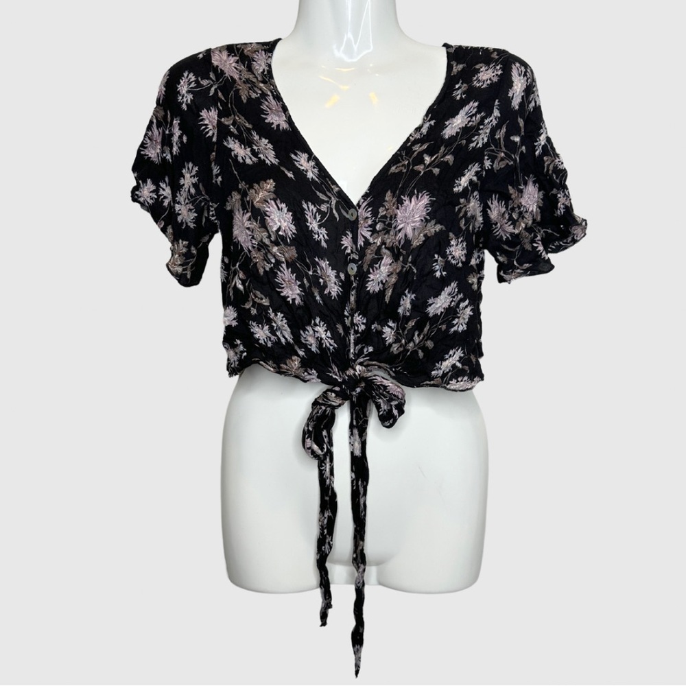 DON’T ASK WHY | Short Sleeve Floral Front Tie Button Blouse